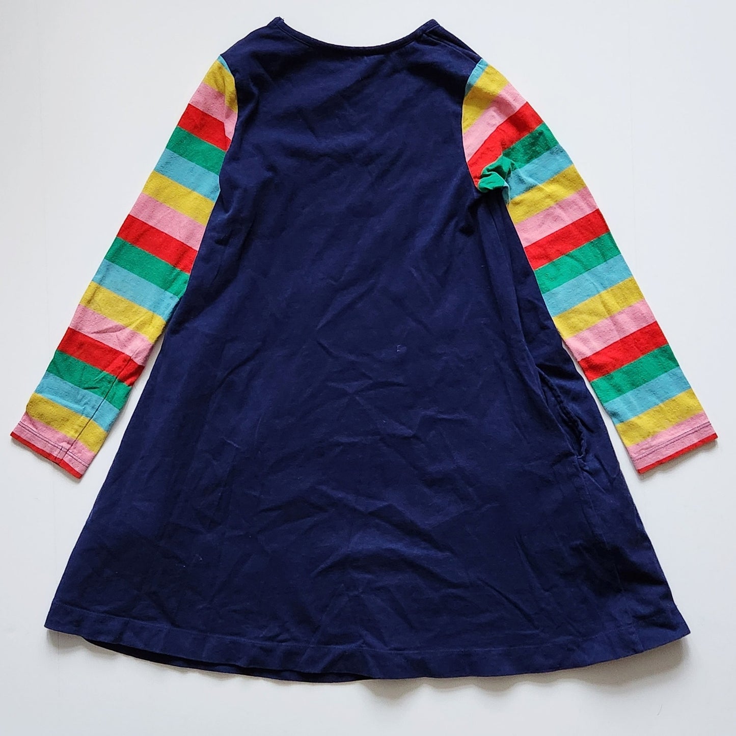 Mini Boden Navy & Rainbow Jersey Dress w/ Unicorn Applique Sz 7-8 | 128 cm