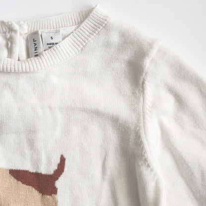 Janie and Jack Ruffle Cuff Dog Sweater Jet Ivory Girls Size 5 White Cotton
