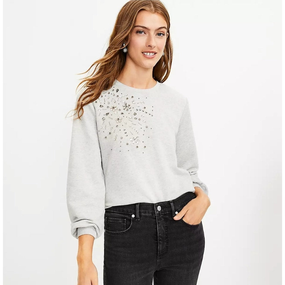 LOFT Heather Gray Rhinestone Embellished Sweatshirt Sweater Blouson Sleeves Sz L
