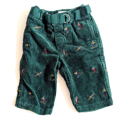 Ralph Lauren Infant Skier Embroidered Green Belted Corduroy Pants | Size 6 Months