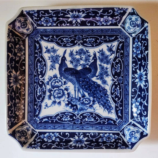 Vintage 1980s Royal Peacock Blue & White Decorative Porcelain Square Dish | Home Decor