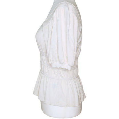 Slate & Willow White Smocked Peplum Top Puff Sleeve Rayon Scoop Neck Blouse | Women's Size M