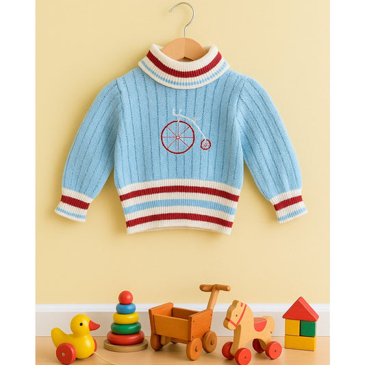Vintage 1960s Doe Spun Toddler Turtleneck Sweater – Baby Blue with Penny Farthing Embroidery – Size 2T