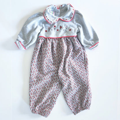Class Club Vintage 90s Red Gray Floral Long Sleeve Bubble Suit Romper Sz 24 mos