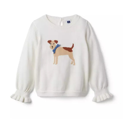 Janie and Jack Ruffle Cuff Dog Sweater Jet Ivory Girls Size 5 White Cotton