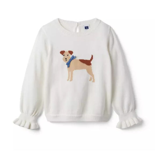 Janie and Jack Ruffle Cuff Dog Sweater Jet Ivory Girls Size 5 White Cotton