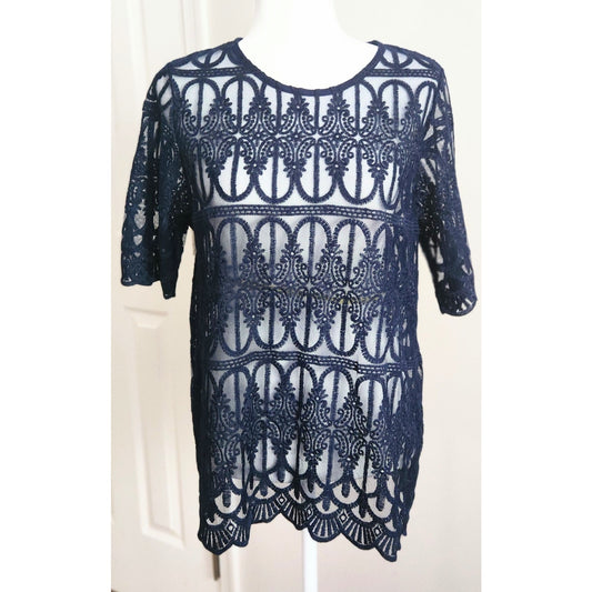 Anthropologie Women's En Elle Marka Lace Scallop Hem Navy Blue Blouse Size 10 NWT