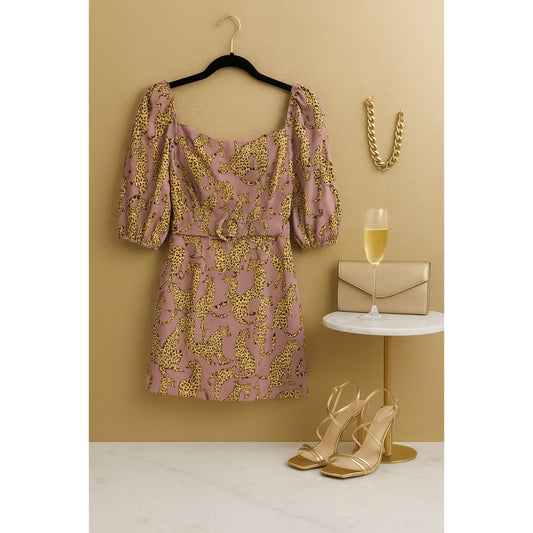 🐆 Lavender Brown Mauve Pink Cheetah Print Mini Belted Dress – Women Size S