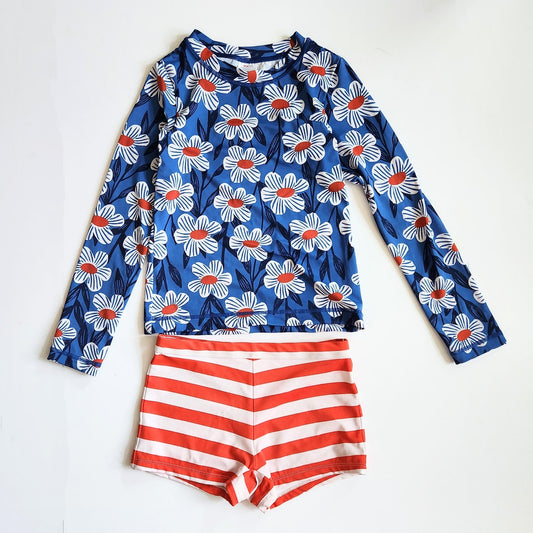 Hanna Andersson Girls Printed Mixie Rashguard Short Swim Set Blue Daisy Size 8 | 130 cm