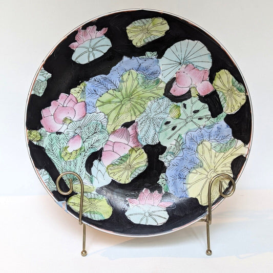 Vintage Chinese Porcelain Hand Painted Chinoiserie Plate Water Lilies on Black