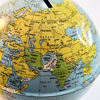 Mid-Century Vintage J. Chein & Co Tin Globe Bank Retro World Map Kids Coin Bank