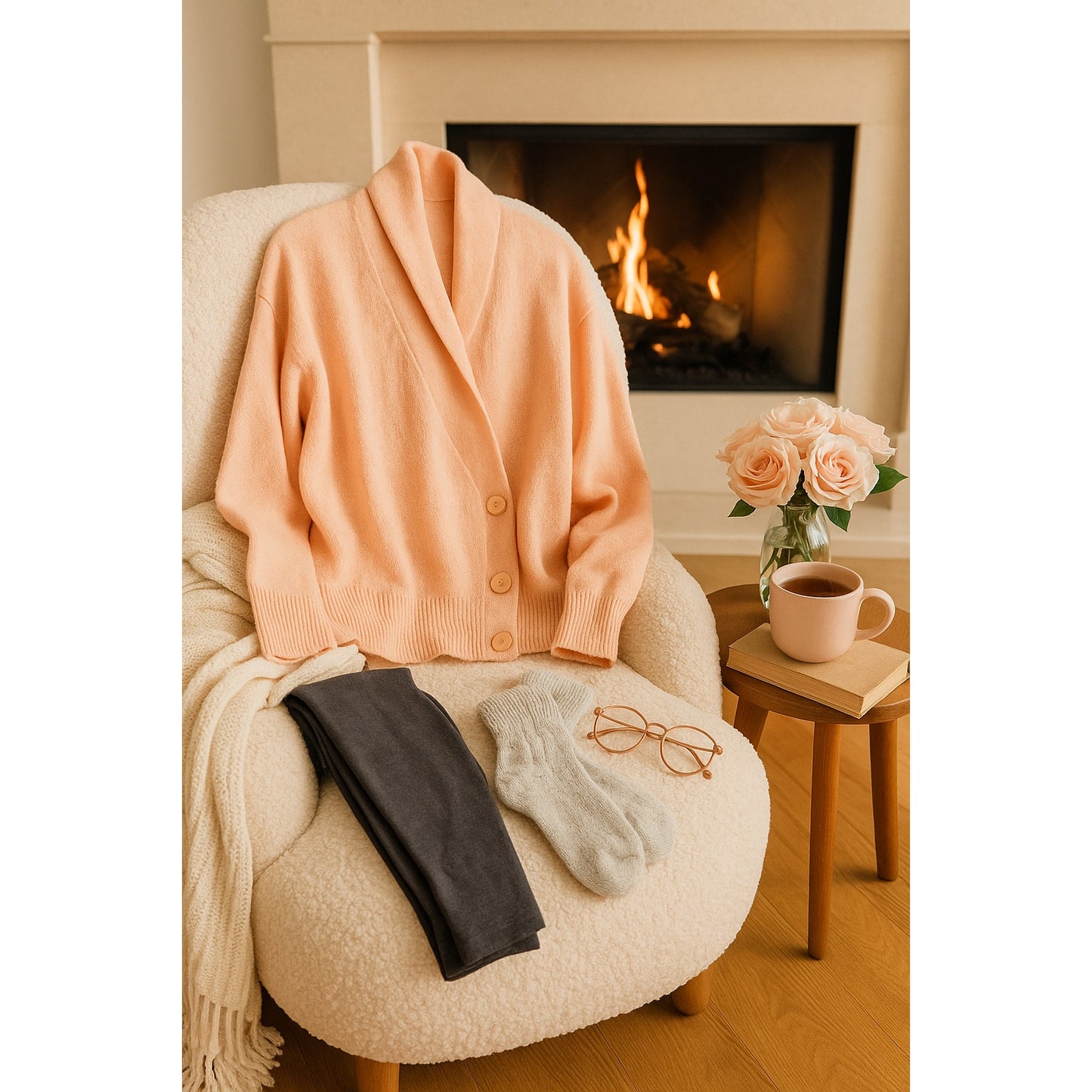 Vintage 1980s Blush Peach Double Breasted Wrap Cardigan Sweater | Women’s Size L 12–14 | Drop Shoulder Cozy Retro Knit