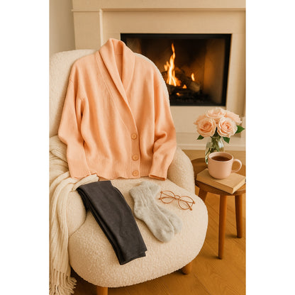 Vintage 1980s Blush Peach Double Breasted Wrap Cardigan Sweater | Women’s Size L 12–14 | Drop Shoulder Cozy Retro Knit