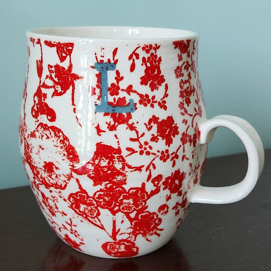 Anthropologie Homegrown Monogram L Red Floral Toile Initial Mug