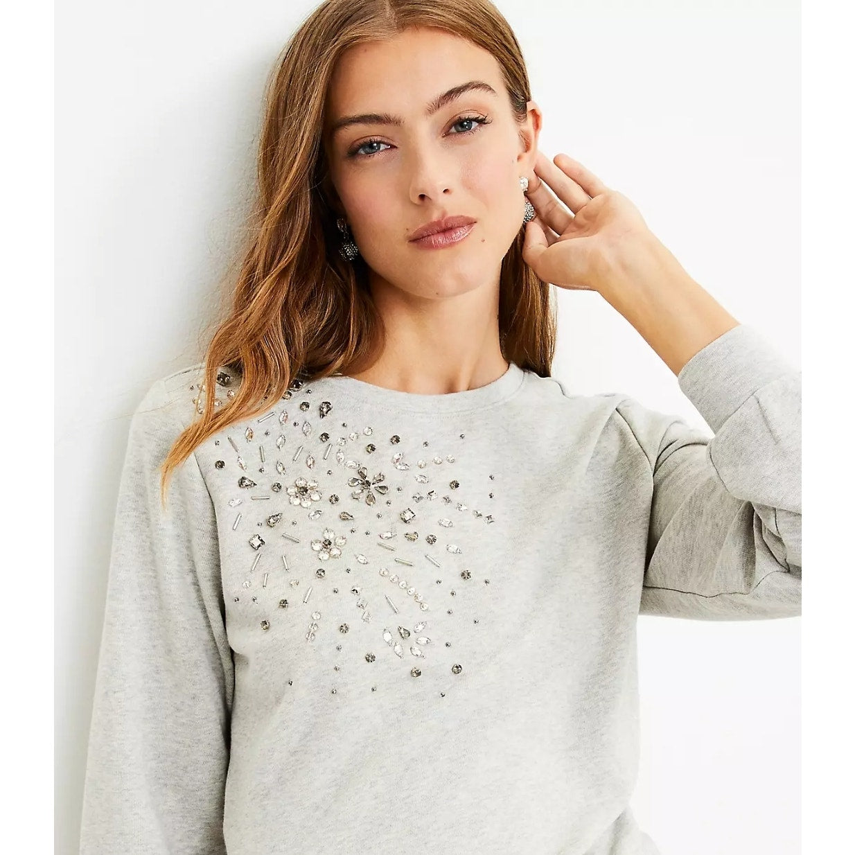 LOFT Heather Gray Rhinestone Embellished Sweatshirt Sweater Blouson Sleeves Sz L