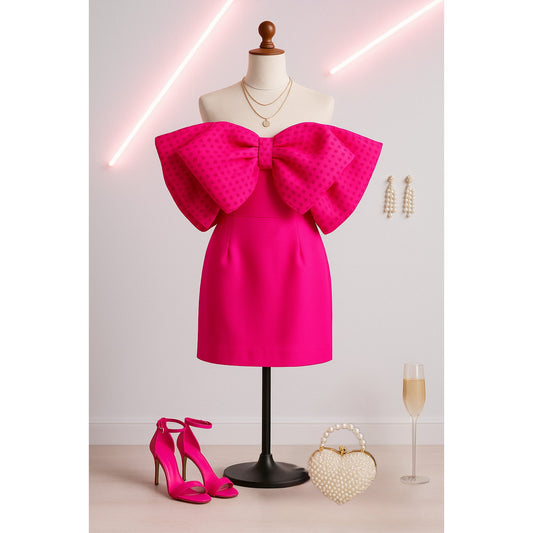 💖 ROTATE Birger Christensen Women's Natalie Fuchsia Pink Bow Mini Dress Size 8