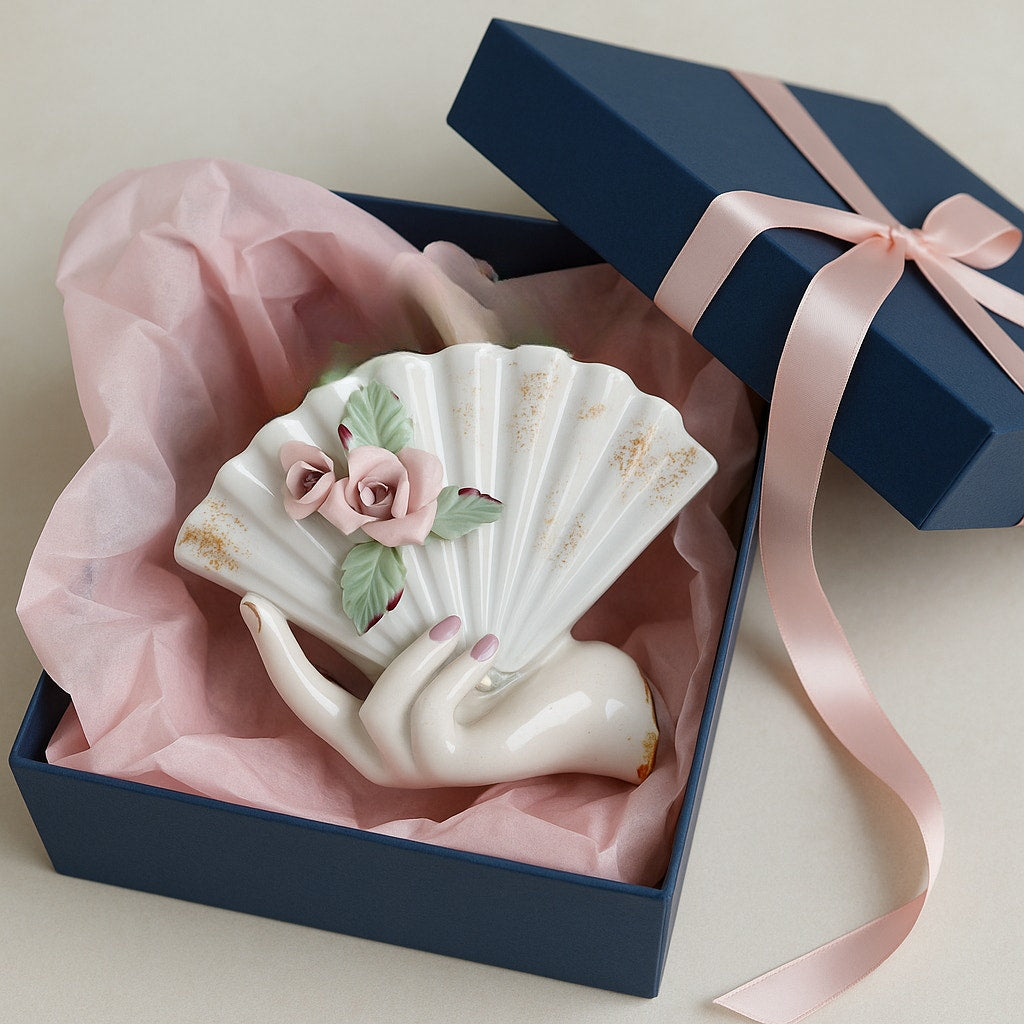 Lefton China Vintage 50s Ceramic Vase Planter Hand Holding Fan with Pink Roses | Home