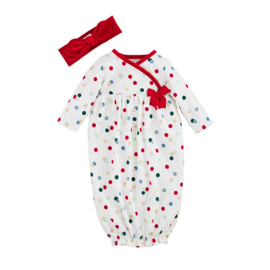 Mud Pie Polka Dot Glitter Cotton Sleep Gown & Velour Headband Sz 0-3 mos NWT