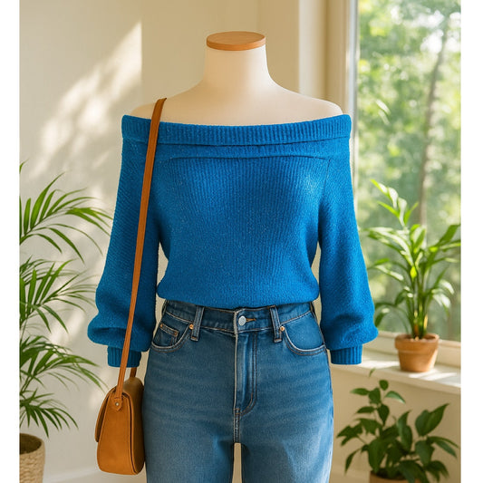 Free People Women's Edessa Pullover Knit Sweater Deep Sea Combo Blue Size M