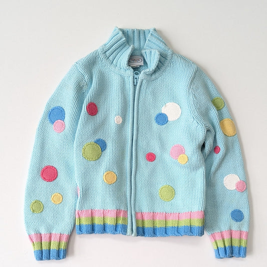 Talbots Kids Vintage 90s Girls Cable Knit Turquoise Polka Dot Zip Cardigan Sz 6