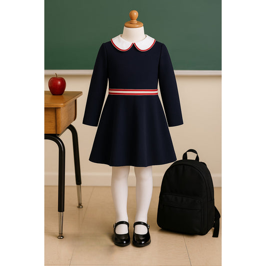 Jacadi Girl Navy Milano Knit Dress | Size 5A / 110 cm | Peter Pan Collar Preppy