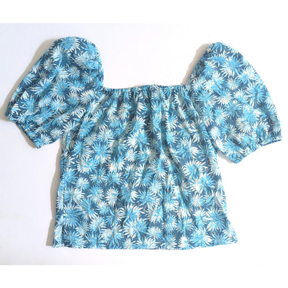 Michael Kors Women's Off Shoulder Metallic Gold Detail Floral Blouse in Nassau Teal Size S