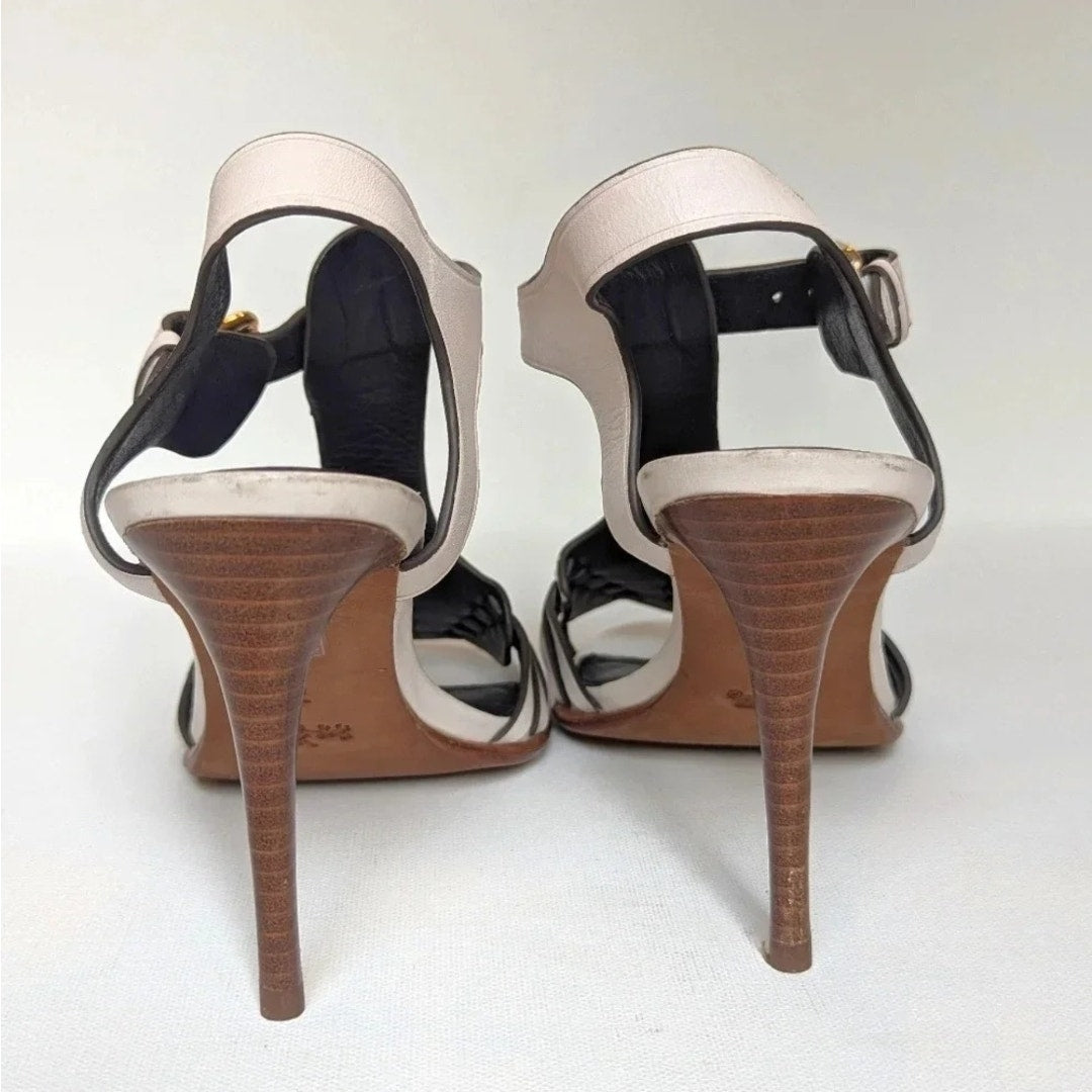 Coach Izzy Ivory White Leather Strappy Sandals Wooden Stiletto Heels Women's Size 7