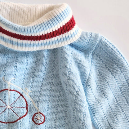Vintage 1960s Doe Spun Toddler Turtleneck Sweater – Baby Blue with Penny Farthing Embroidery – Size 2T
