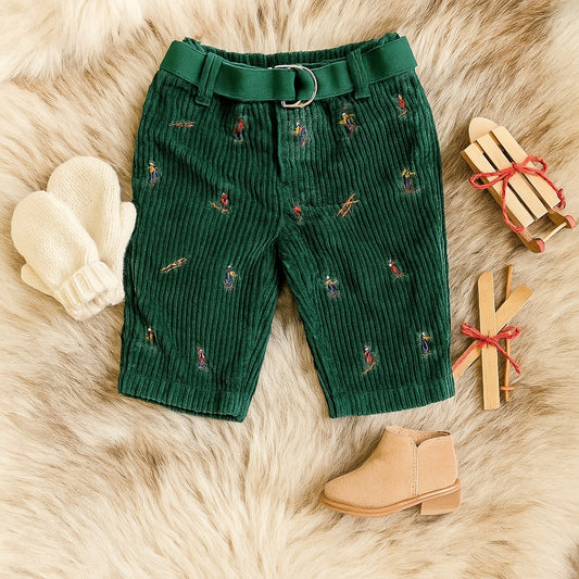 Ralph Lauren Infant Skier Embroidered Green Belted Corduroy Pants | Size 6 Months