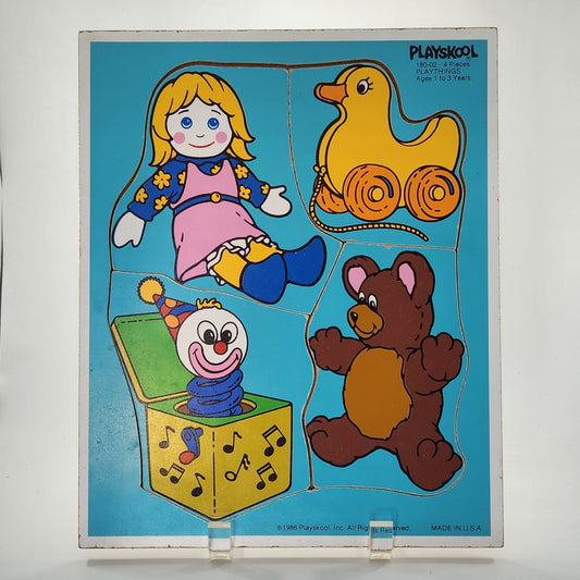 Vintage 1986 Playskool Wooden Puzzle “Playthings” 4-Piece Toy Theme