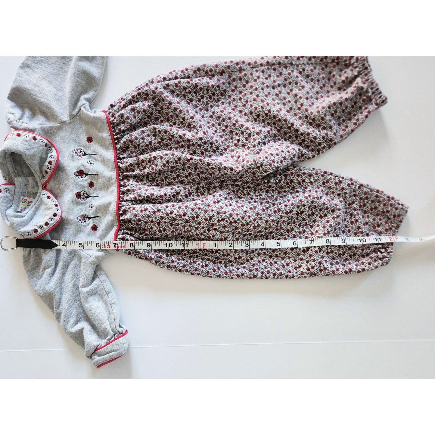 Class Club Vintage 90s Red Gray Floral Long Sleeve Bubble Suit Romper Sz 24 mos