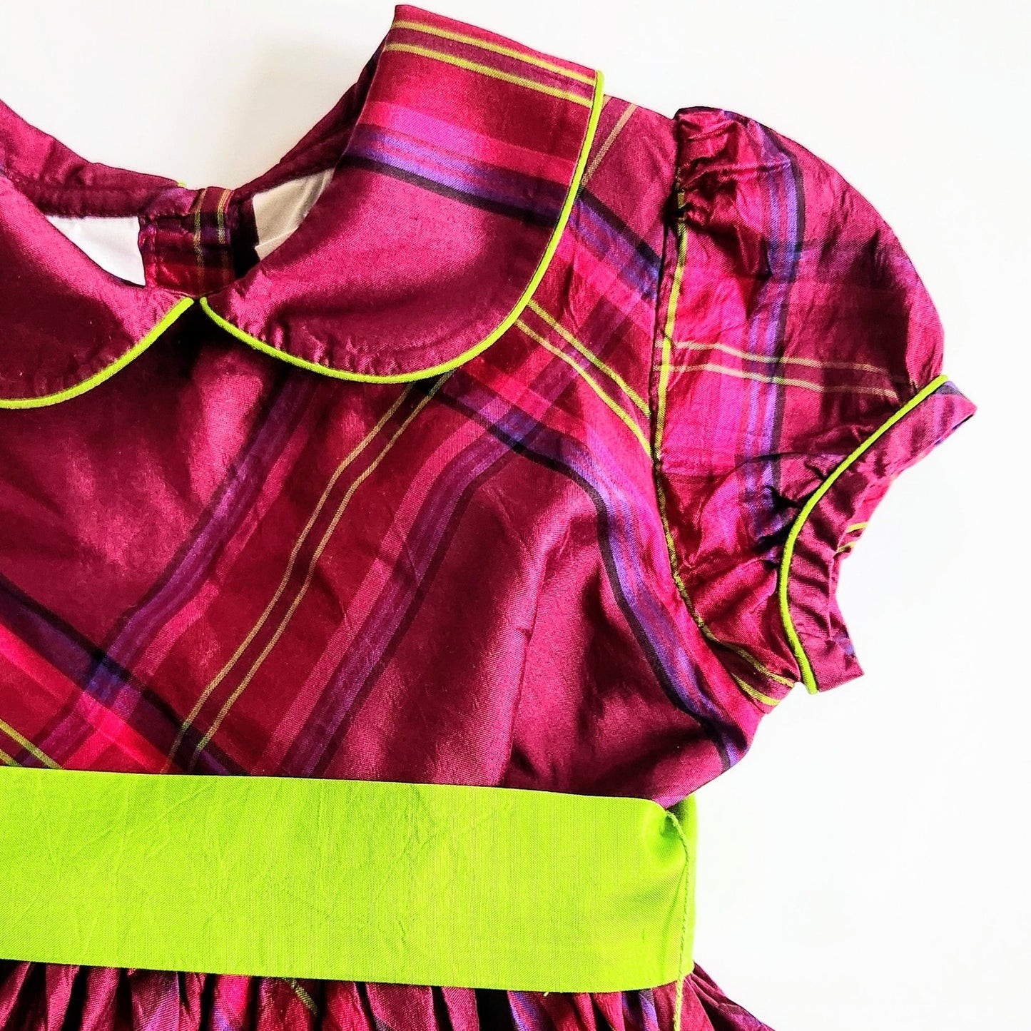 Lilly Pulitzer Vintage 1990s Girls 100% Silk Taffeta Purple & Green Plaid Dress Size 5