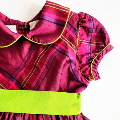 Lilly Pulitzer Vintage 1990s Girls 100% Silk Taffeta Purple & Green Plaid Dress Size 5
