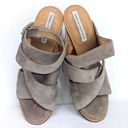 Diane von Furstenberg Women's Taupe Suede Wedge Strappy Sandals with Buckle Size 6.5