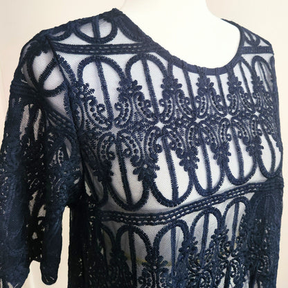 Anthropologie Women's En Elle Marka Lace Scallop Hem Navy Blue Blouse Size 10 NWT