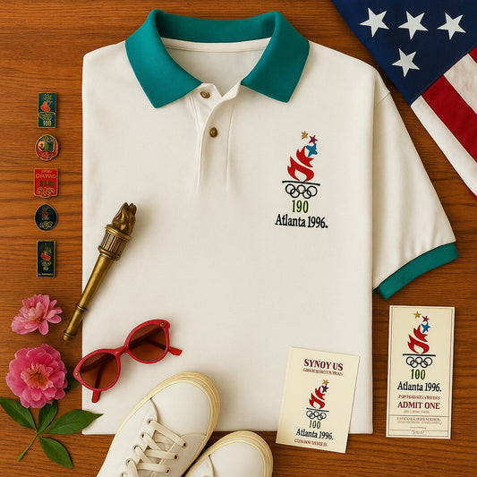 Vintage 1996 Atlanta Olympics White Teal Polo Shirt Size XL Hanes USA Official