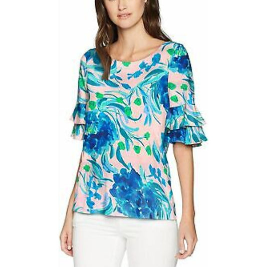 Lilly Pulitzer Women's Lula Top Blue & Pink Tropics Sweet Pea Size Large