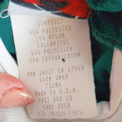 Goodlad	Vintage 80s Green Velour Eyelet One Piece Infant Jumpsuit Sz 18 mos