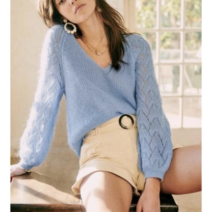 Sezane Women's Diane Jumper Mohair Bishop Sleeve Sweater Light Blue Size M