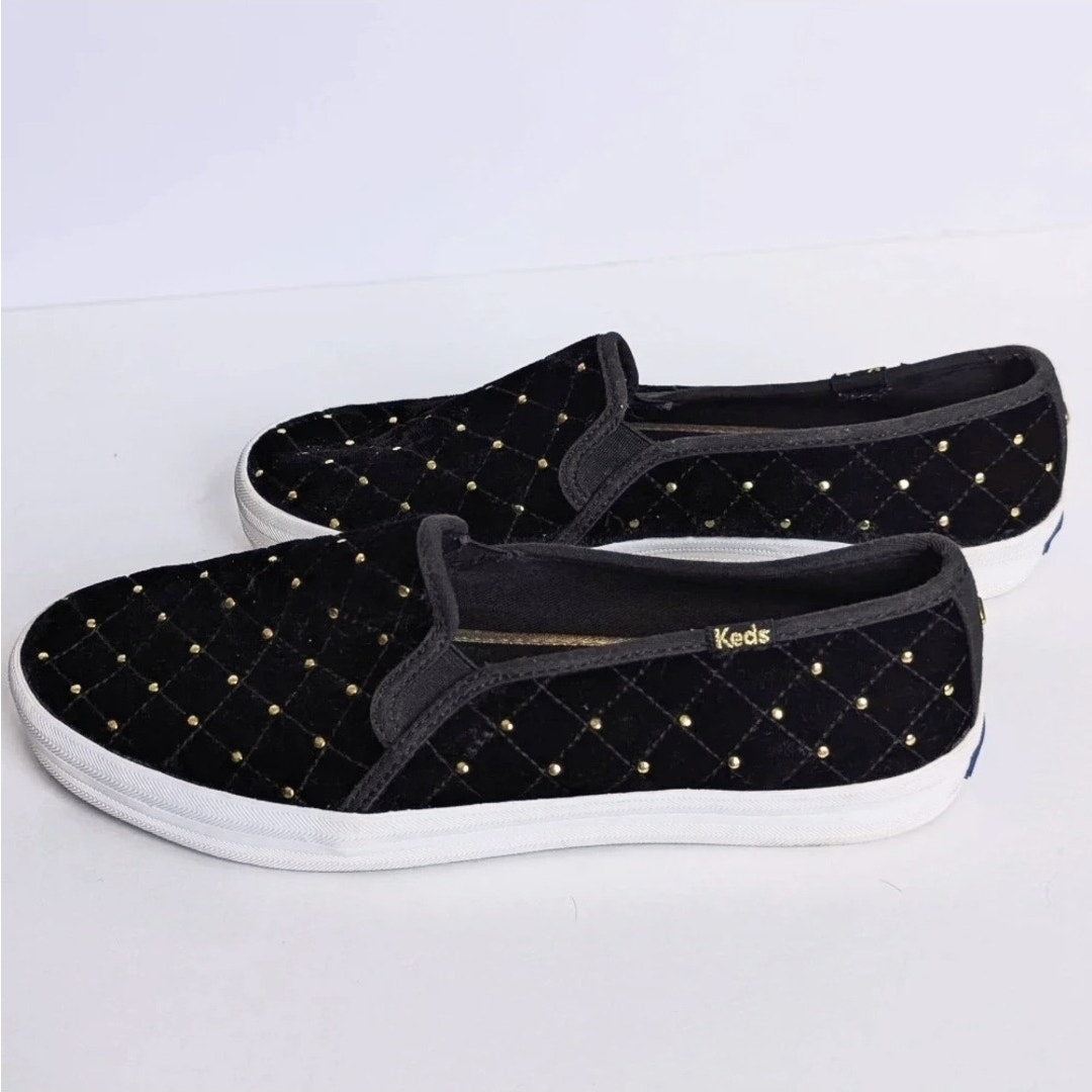 Keds x Kate Spade Double Decker Quilted Velvet Slip-On Black Sneakers Women's Size 8.5