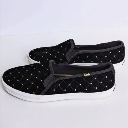 Keds x Kate Spade Double Decker Quilted Velvet Slip-On Black Sneakers Women's Size 8.5