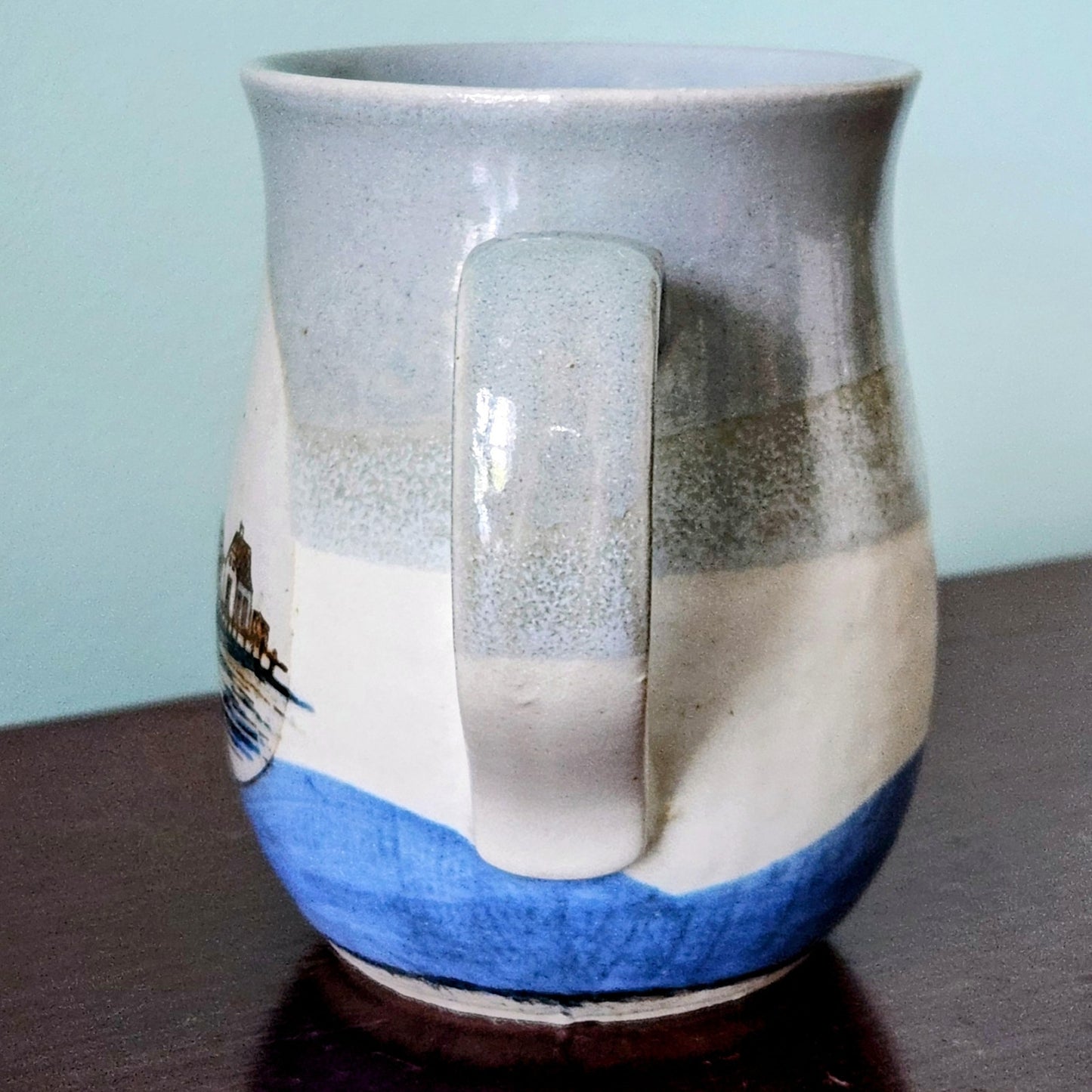 Otagiri Stoneware Vintage 1970s Pelicans on Pylons Blue Coffee Mug