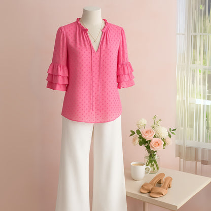 Alice + Olivia Women's Julius Tier Sleeve Silk Blend Blouse Hot Pink Size M