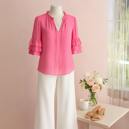 Alice + Olivia Women's Julius Tier Sleeve Silk Blend Blouse Hot Pink Size M