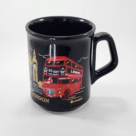 Vintage London Souvenir Mug – Black Ceramic with Red Double-Decker Bus, Big Ben & Guardsman – England Travel Collectible - Home Decor