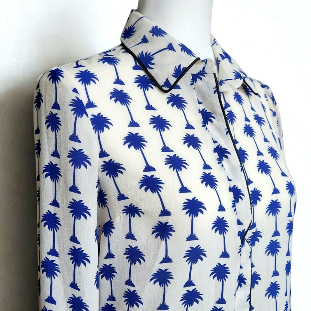 Topshop Women's Blue Palm Trees & Black Piping Button-Down Blouse Size US 4 | UK 8