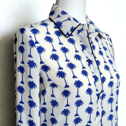 Topshop Women's Blue Palm Trees & Black Piping Button-Down Blouse Size US 4 | UK 8