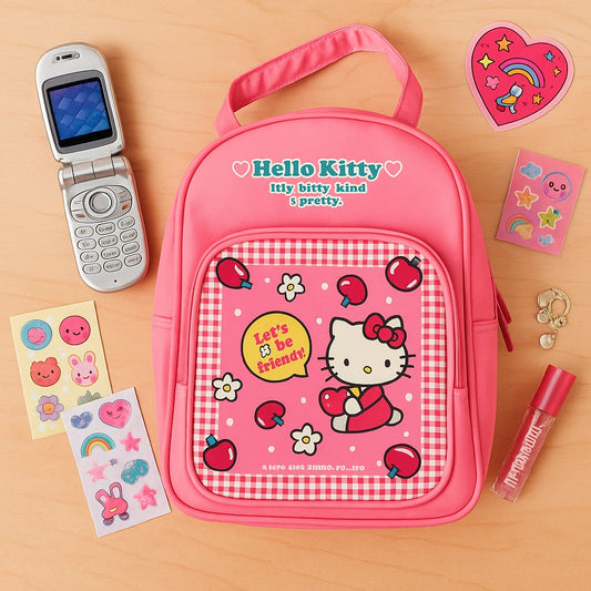 Vintage 2002 Kids Sanrio Hello Kitty Pink Bag – Cherries Daisies Gingham Print – "Let’s Be Friends" – Kawaii Collectible Tote – NWT