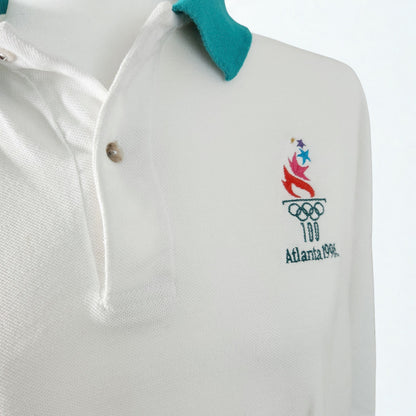 Vintage 1996 Atlanta Olympics White Teal Polo Shirt Size XL Hanes USA Official