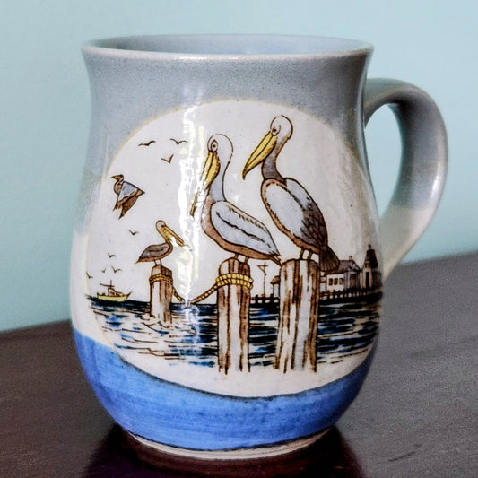 Otagiri Stoneware Vintage 1970s Pelicans on Pylons Blue Coffee Mug